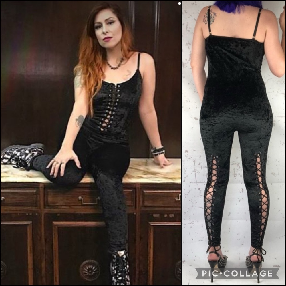 Current Mood Crushed Velvet Velour Lace-up Caged Jumpsuit Romper Playsuit